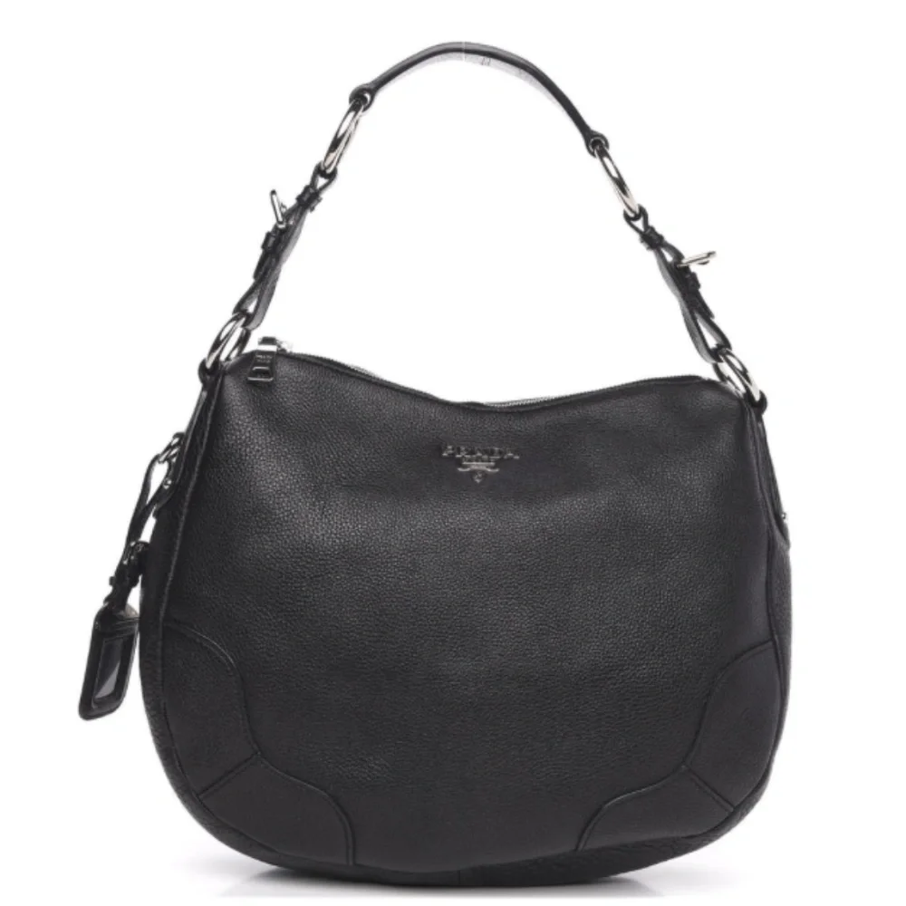 PRADA Vitello Daino Hobo in Black Leather with Silver Hardware